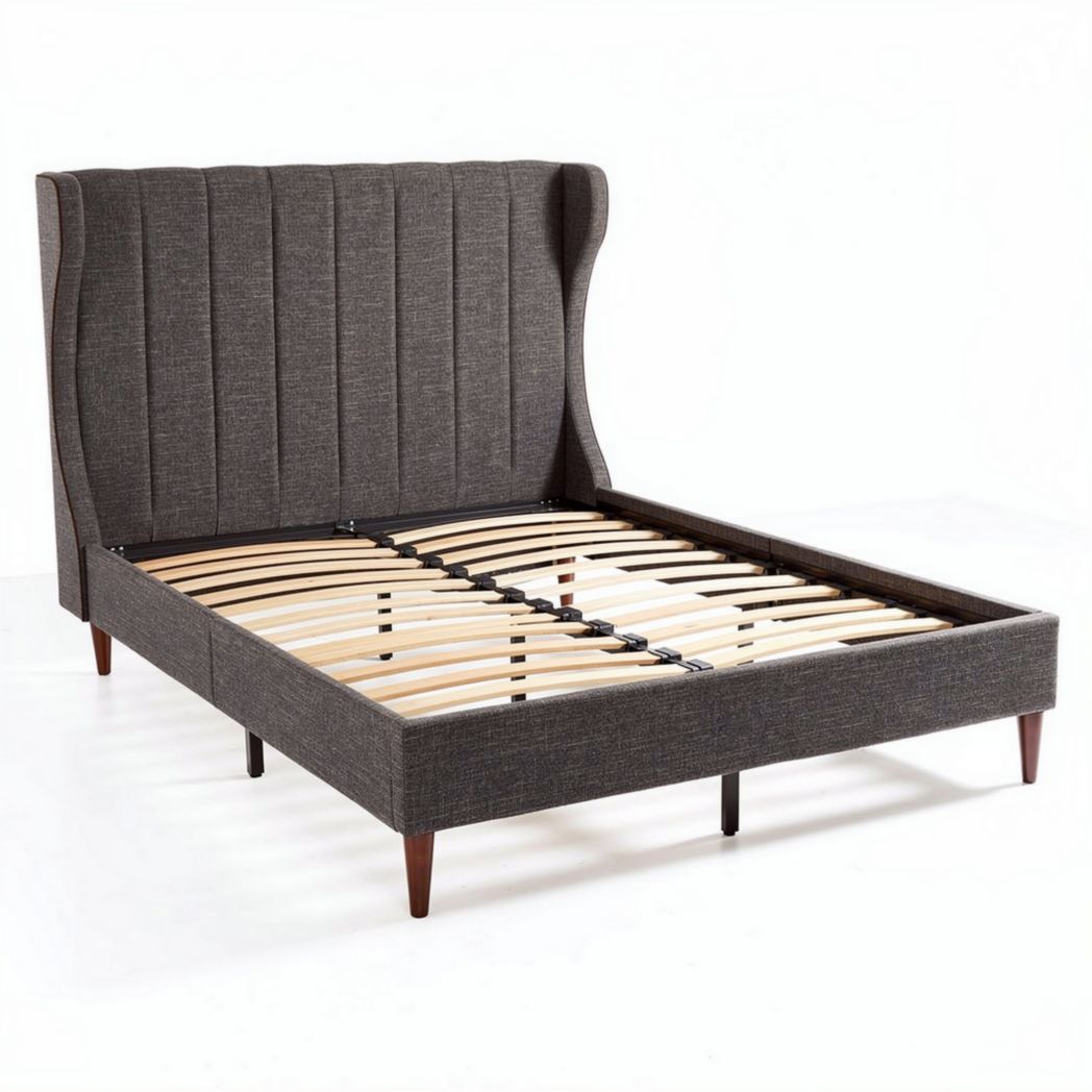 Lit en tissu gris avec têtes de lit en bois 200 x 160 x 100cm