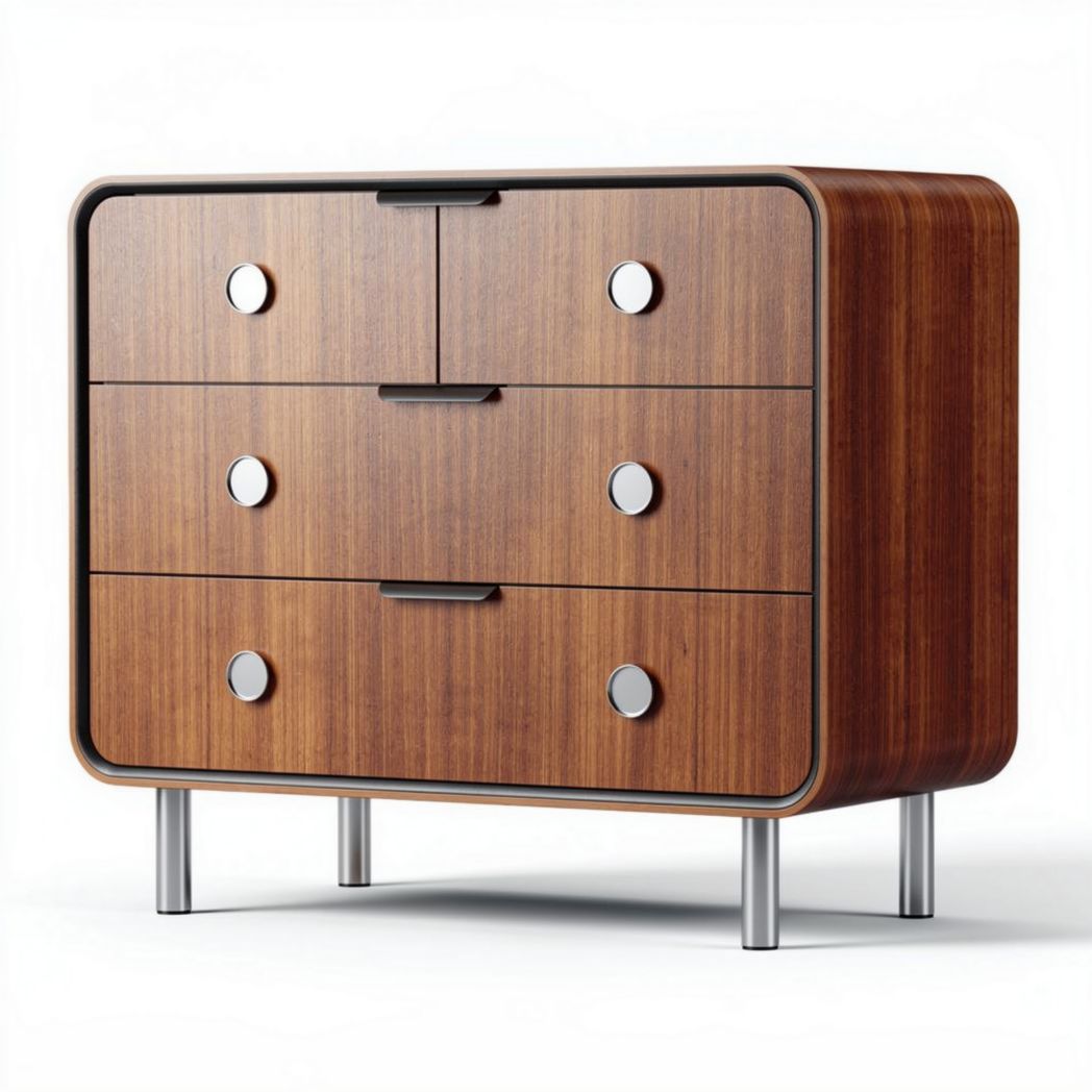 Commode en bois brun avec trois tiroirs et pieds en métal argenté 80 x 40 x 75cm