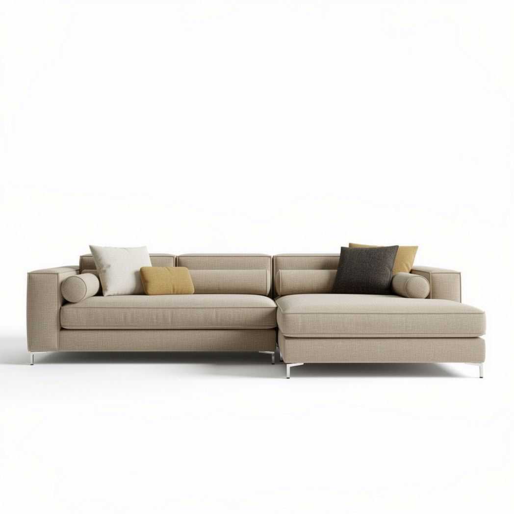 Canapé d'angle en tissu beige avec coussins décoratifs 240 x 90 x 85cm