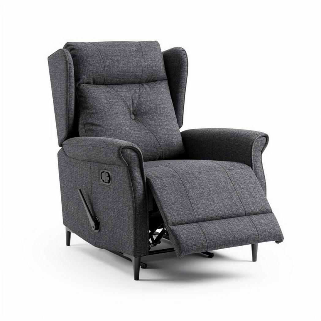 Fauteuil inclinable en tissu gris avec repose-pieds et dimensions 90 x 80 x 100cm