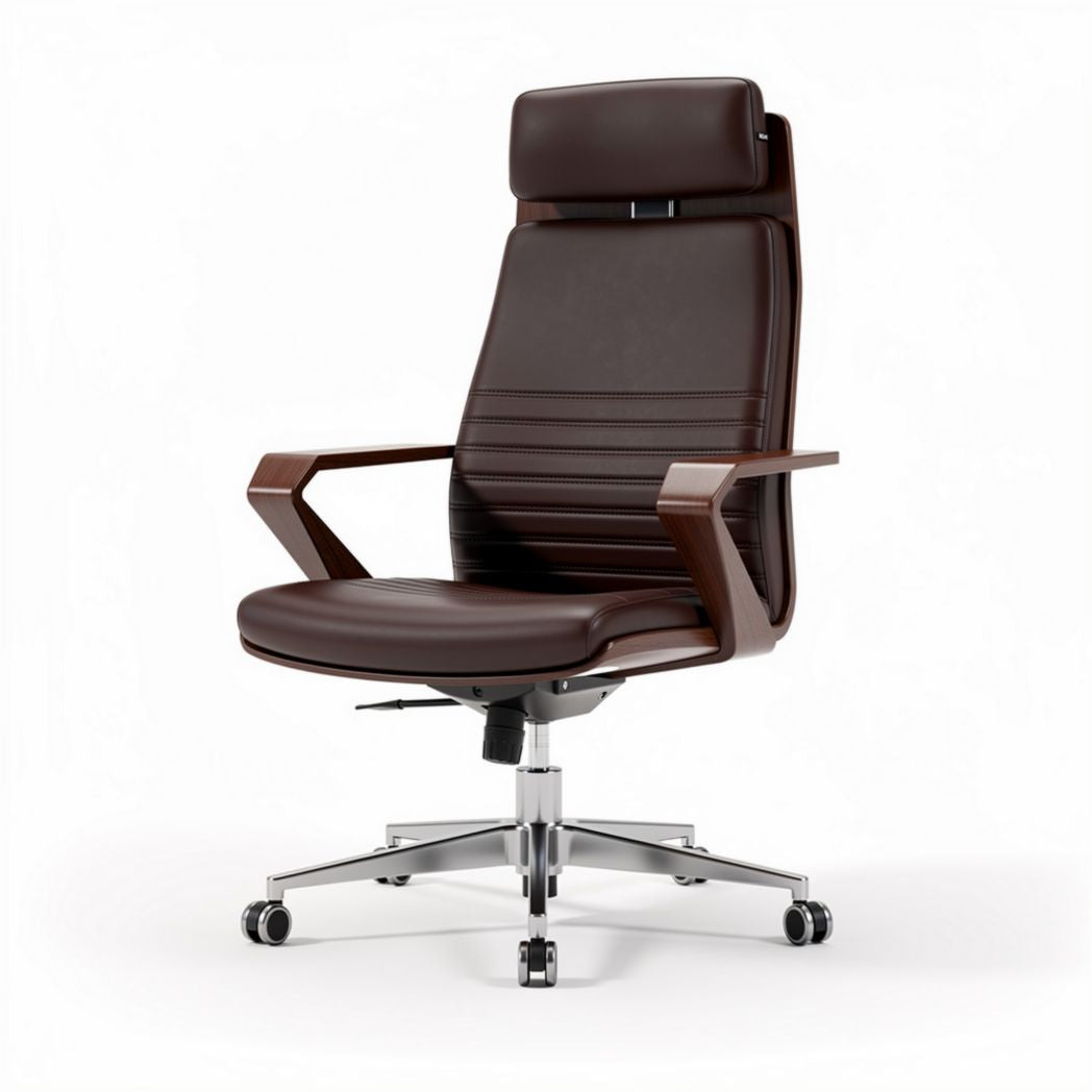 Chaise de bureau ergonomique en cuir marron avec accoudoirs et hauteur réglable 50 x 60 x 110cm